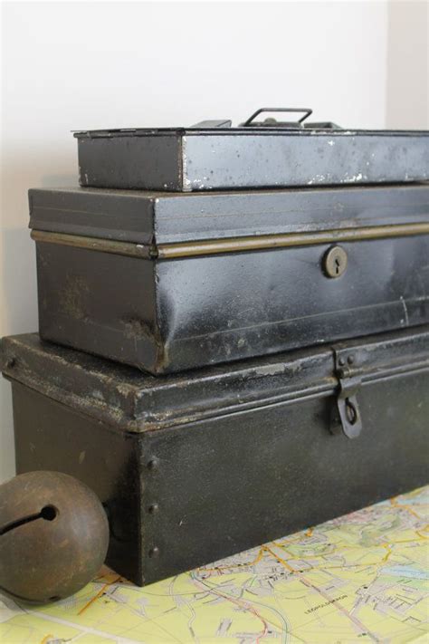 vintage black box with metal|antique metal storage box.